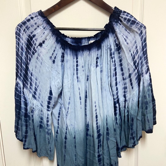 Boho Whimsigoth Shibori Tie-Dye Peasant Rayon Tunic Top L Flowy Bell Sleeve - Picture 2 of 12